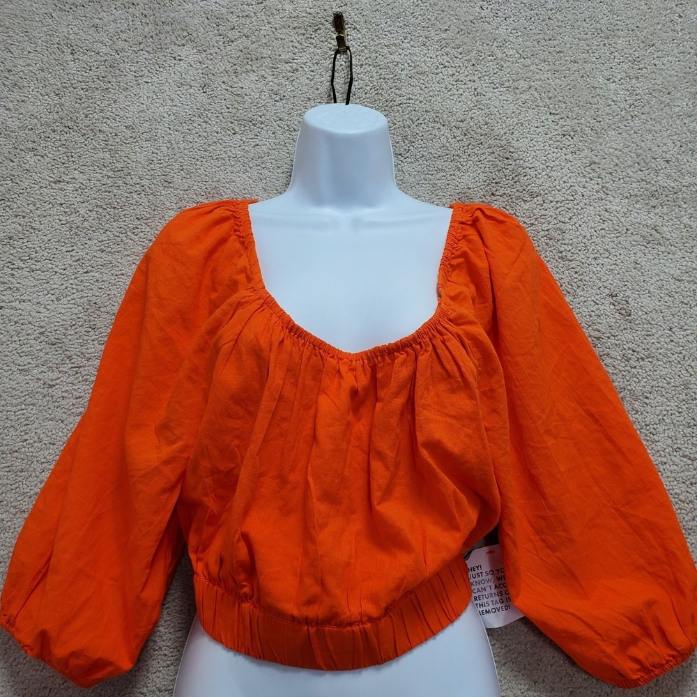 Topshop Cropped Blouse Top Womens 12 Orange Scoop Neck Puff Sleeve Open Back
